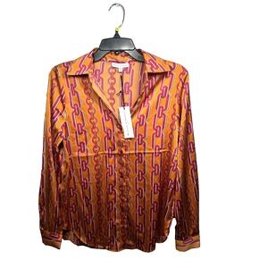 Maison D' Amelie Women's Button Down Shirt Satin Chain Link Orange Size XS